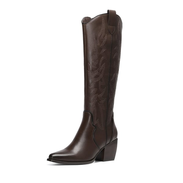 Dallas Embroidered Western Cowboy Knee High Boots - BROWN PU -  0